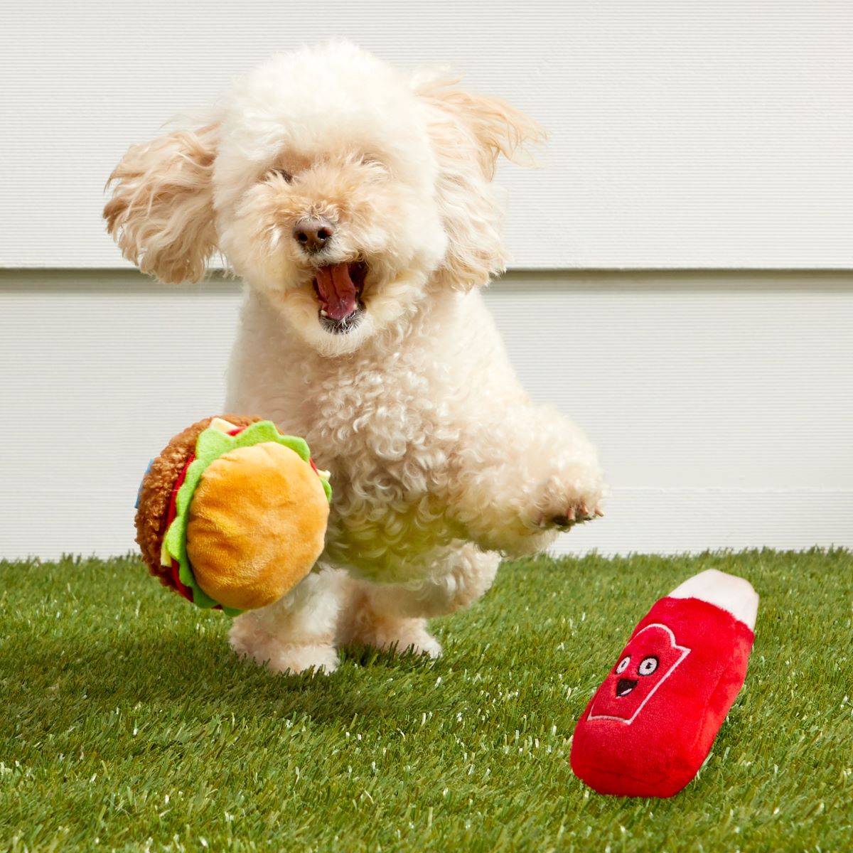 Squeaky Burger and Ketchup Dog Toys for Small Dogs