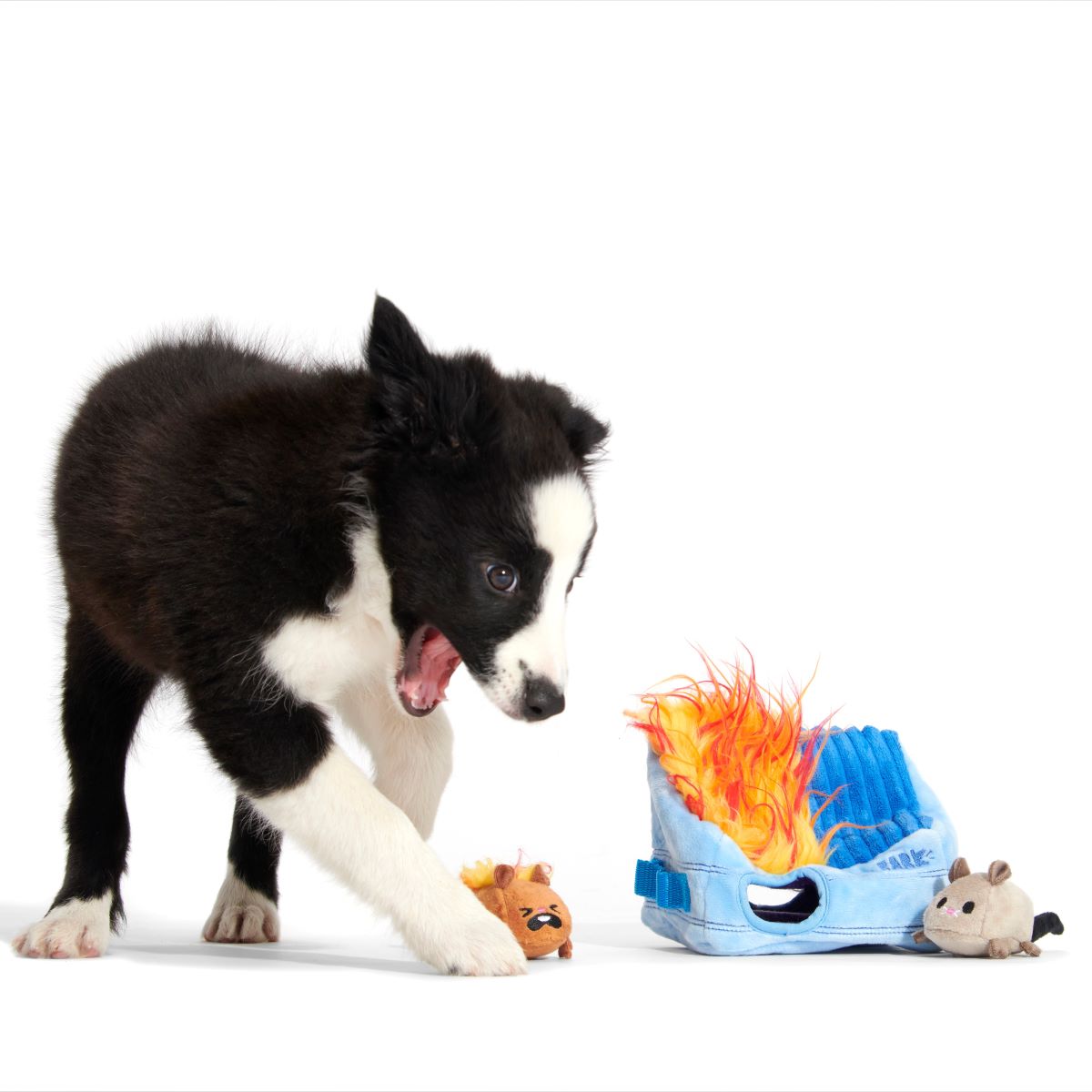 Hide n' Squeak Dumpster Fire Dog Toy with Squeaky Rats & Crinkle Sounds